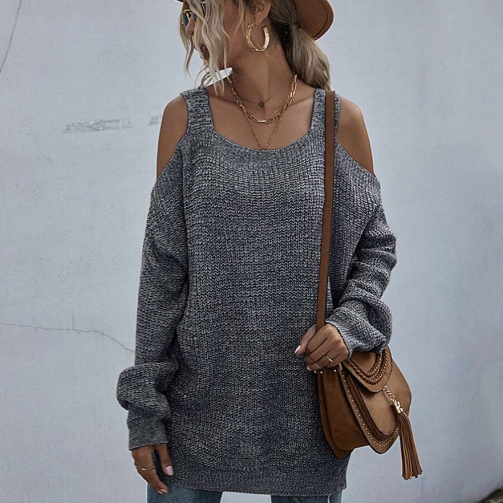 charcoal oversized cold shoulder knit fall sweater - Picture 4 of 11